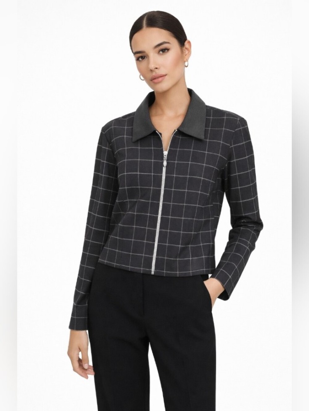 Positive Attitude Black Windowpane Zip Bomber Jacket - Picture 3 of 13